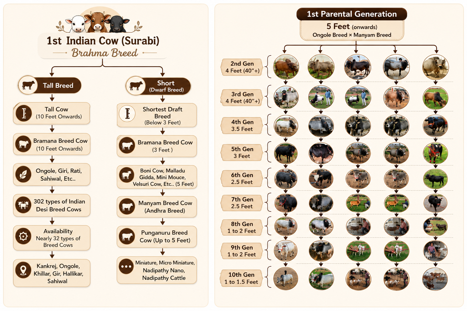 Pedigree chart tracing nano cow lineage from the first parental generation down ten generations, from 5 feet to 1.5 feet